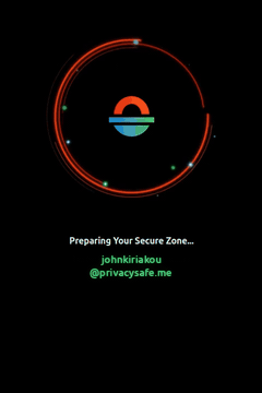 The PrivacySafe app starting up, with the words Preparing Your Secure Zone and the address johnkiriakou@privacysafe.me beneath the PrivacySafe logo.